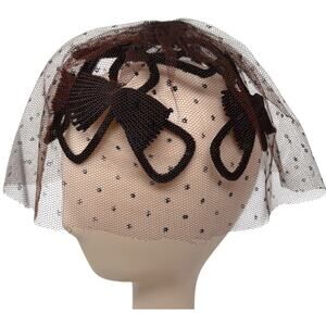 Vintage 1950s Veiled Black Cocktail Hat Fascinator Brown Net Bow Millinery